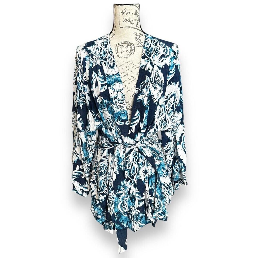 Haute Hippie Clair Blue Floral Belted Kimono Cardigan Size Medium